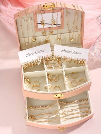 17KM 56pcs Vintage Exquisite Elegant Minimalist Faux Pearl & Metallic Element Moon Star Butterfly Heart Flower Spiral Twisted Rope Twirl Chain Women's Fashion Jewelry Set, Including Bracelets, Necklaces, Rings, Earrings, Great For Anniversary, Gift For Girlfriend, Gift For Friends, Without Box Valentines,Mom,Mother,Mother's Day,Gift