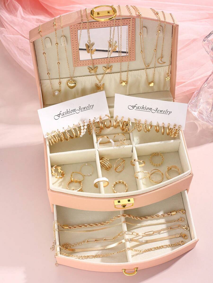 17KM 56pcs Vintage Exquisite Elegant Minimalist Faux Pearl & Metallic Element Moon Star Butterfly Heart Flower Spiral Twisted Rope Twirl Chain Women's Fashion Jewelry Set, Including Bracelets, Necklaces, Rings, Earrings, Great For Anniversary, Gift For Girlfriend, Gift For Friends, Without Box Valentines,Mom,Mother,Mother's Day,Gift - Yellow Gold - View 1