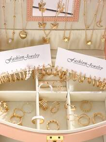 17KM 56pcs Vintage Exquisite Elegant Minimalist Faux Pearl & Metallic Element Moon Star Butterfly Heart Flower Spiral Twisted Rope Twirl Chain Women's Fashion Jewelry Set, Including Bracelets, Necklaces, Rings, Earrings, Great For Anniversary, Gift For Girlfriend, Gift For Friends, Without Box Valentines,Mom,Mother,Mother's Day,Gift - Yellow Gold - View 2