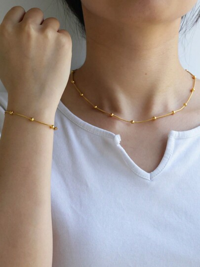 1 PIEZA Collar, pulsera y tobillera de cadena redonda minimalista con cuentas, de acero inoxidable enchapado en oro de 18K, de tamaño ajustable, accesorio de joyería de moda para mujer (se venden por separado)