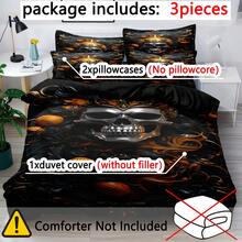 3 件金色皇冠与骷髅图案羽绒被套装 - 柔软舒适的卧室、客房和宿舍装饰床上用品套装（1 个羽绒被套和 2 个枕套）