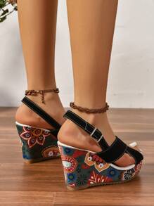 Women's Wedge Sandals, Floral Printed Cross Strap Peep Toe Mules,  Platform Shoes