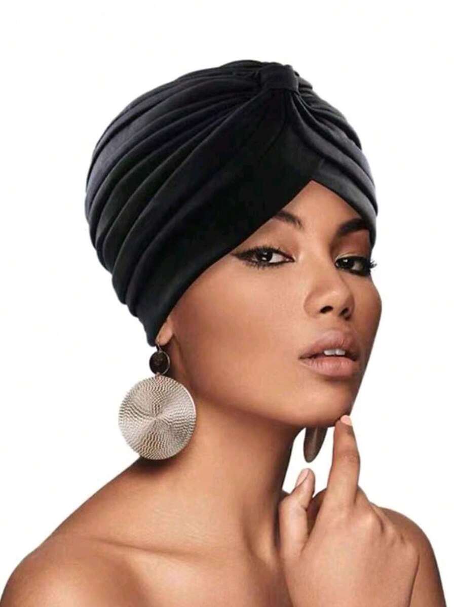1 szt. Modny turban damski Nadaje się do codziennego użytku, na każdą porę roku, nakrycie głowy, joga, po porodzie, zima, plaża, wakacje, elegancki kapelusz Bonnet Turban na włosy - Czarne - Zobacz 1