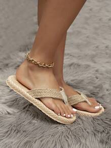 Women's Summer Vacation Woven Sole Sandals Flat Heel Raffia Strap Slippers - Khaki - View 2