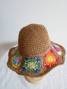 夏季防曬法式花卉空心甜美編織草帽，適用於女性戶外海灘度假帽，顯小臉 - A - 查看 8