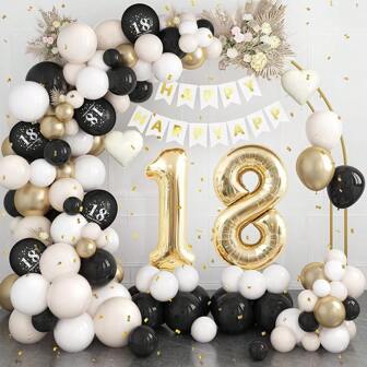 18th Birthday Decoration Black Gold, 18th Birthday Balloons Arch Garland Kit With Champagne Gold Number 18 Aluminum Foil Balloons, Happy Birthday Banner For Women Men 18th Birthday Party Decoration, Christmas