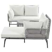 Sweiko Sweiko Gartenlounge-Set, Gartenmöbel-Set, Mit Eisenrahmen und grauem Seil, Gartenmöbel aus gewebtem Seil für den Außenbereich, Grau, Zwei Sessel, zwei 2-Sitzer-Sofas und zwei Tische (alle Kissen inklusive)