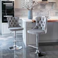 2/4/6 Piece Set Adjustable Swivel Bar Stools, Dining Bar Chairs With Velvet Tufted Back, Metal Base, Footrest For Home Bar, Dining Room, Kitchen Island. - Abu-abu perak - View 4
