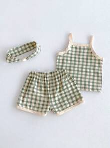 Set de ropa casual de verano para niña bebé con top de tanque a cuadros lindo y pantalones cortos
