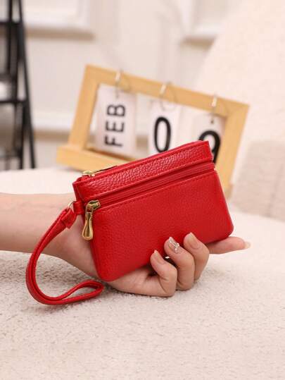 Cartera corta brillante con correa para la muñeca y patrón de lichis, con cierre de doble cremallera para mujer - Cartera mini, monedero, cartera de muñeca, cartera para monedas