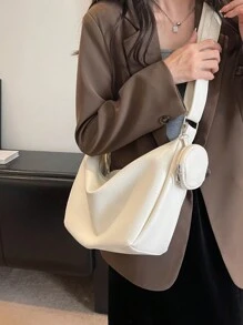 女款休閒單肩斜挎包附零錢包，時尚日常通勤風 - 米色 - 查看 4