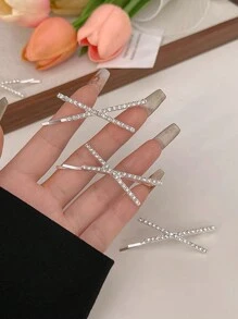 2pcs Silver Rhinestone X-Shaped Hair Clips, Minimalist One-Piece Bangs Clips, Personalized Hairpins For Nape Hair, Back To School Hair Accessories, School Stuff