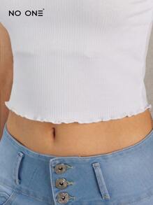 NO ONE | Ribbed Knit Lettuce Trim Crop Top Beach T-Shirt - White - View 3