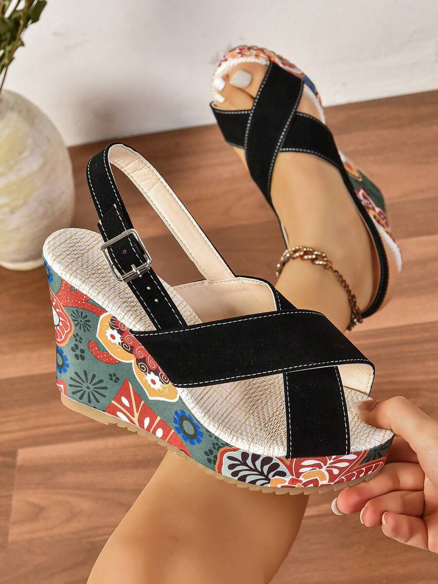 Women's Wedge Sandals, Floral Printed Cross Strap Peep Toe Mules,  Platform Shoes