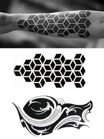 2片装几何方块男士图腾极简防水临时纹身贴纸