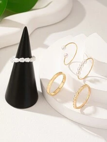 JYBY 5pcs/Set European And American Style Fashion Stacking Rings, Ideal For Women - Imitation Pearl Set - View 2