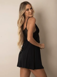 Ruby Microfiber Sexy Nightgown Comfortable Lingerie Comfortable Lace Nightgown Without Pads - 黑色 - 查看 2