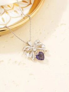 1入韓版精美高端蝴蝶心形銅鑲嵌吊墜，簡約甜美不銹鋼頸鏈配飾 - 彩色 - 查看 4