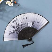Foldable Hand Fan, Chinese Style Silk And Bamboo Fan With Dual Color, Hollow Tassel Dangle Design For Weddings, Parties, Home Decor And Festive Gifts. Birthday - Black - View 14