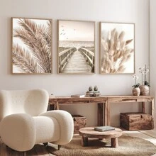 Set de 3 pósteres de lienzo con marco opcional que presentan un diseño boho con diente de león, paisaje y plantas. Arte de pared impermeable, cuadros de pared ideales como regalo, para dormitorio, sala de estar, oficina, baño, comedor, cafetería, bar y decoración del hogar y la residencia