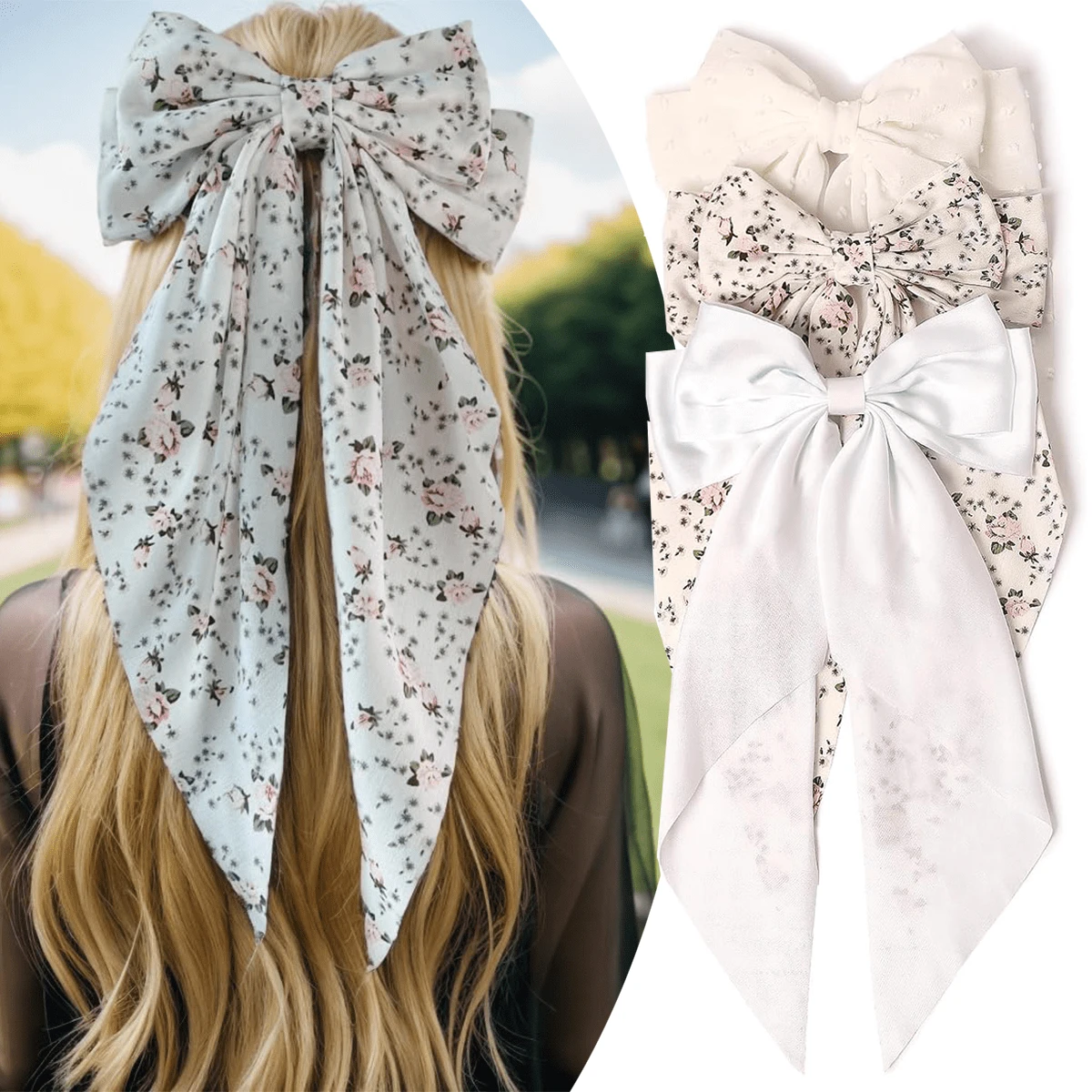 3pcs Women Big Bow Barrettes Girl's Satin Hair Clips Long Ribbon Hair Pins Accessories For Party, Bow Hair Clips Hair Bows For Women, Hairpin Hair Bow With Long Tail, Hair Accessories For Girl,School Valentine's Day,Hair Barrettes Claw Clips - White - View 1