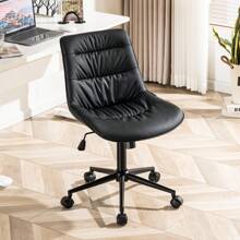 Home Office Chair With Wheels Swivel Armless Desk Chair Faux Leather Vanity Reading Chair Reclining Chair With Adjustable Mid Back Height Wide Seat Living Room - 黑色 - 查看 9