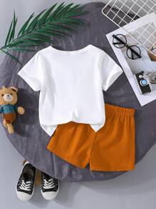 夏季可愛短袖圓領幼兒男寶寶印製小狗T恤及相配純色短褲2入組休閒套裝 - 白色 - 查看 2