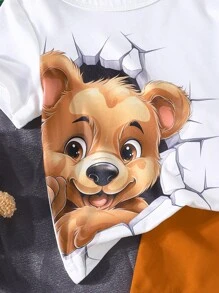 夏季可愛短袖圓領幼兒男寶寶印製小狗T恤及相配純色短褲2入組休閒套裝 - 白色 - 查看 5