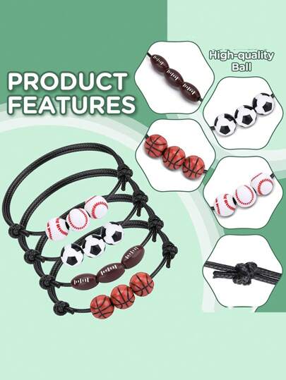 5 件/套（5 种混合设计）编织手链套装，带篮球、足球、橄榄球、排球、网球串珠运动装风格可调节绳手链，适合儿童 - 收藏品，男女通用，适合