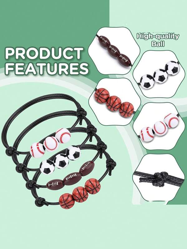 Conjunto de 5 peças (5 designs mistos) de pulseiras trançadas com pulseiras de cordão ajustável estilo esportivo com contas de basquete, futebol, rúgbi, vôlei e tênis, adequadas para crianças - colecionáveis, unissex, para