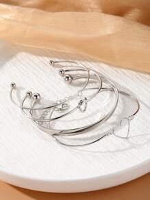 4 件套知性金属心形扣袖口手镯套装，休闲情人节 - 銀色 - 查看 5