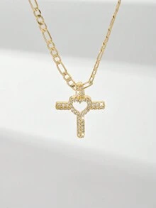 1入流行簡約新款十字&心形銅鋯石鑲嵌吊墜項鍊，閃閃發光，適用於送禮、情侶、朋友、日常佩戴、節日和祈禱 - 金黃色 - 查看 6