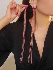 1 par de elegantes aretes largos de borla y pedrería para banquetes y fiestas de mujeres - borla - Ver 1