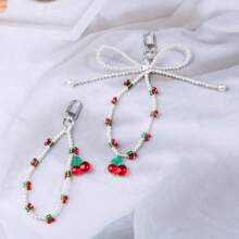 1 peça Estilo Coreano das Mulheres Cereja INS Fofo e Fashion com Laço e Pérolas Falsas e Contas de Cereja de Resina para Decoração de Celular, Bolsa, Chaveiro