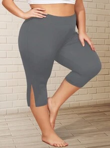 Pantalones capri de talla grande para mujer con cintura alta y abertura lateral, elásticos y cómodos - Gris - Ver 1