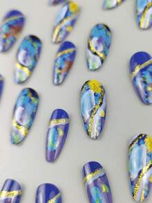 Upgrade Your Style! 24pcs Long Waterdrop-Shaped Gradient Glass Nails With Mountain Pattern Design, Gel Included, 1 Nail File Included Press On Nails Nail Supplies - Multicolor - View 2