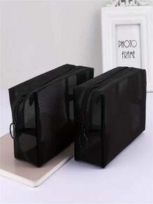 Nylon Mesh Makeup Bag Toiletry Pouch Large Capacity Organizer Cosmetic Bag - Black - View 12