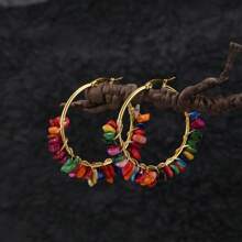 1 对波西米亚风格不锈钢不对称天然石串珠耳环，完美的夏日假日配饰 - 彩色 - 查看 20