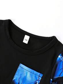 2pcs Young Boy Blue Lightning Print Short Sleeve T-Shirt And Shorts Set - Comfy And Stretchable Outfit For Children