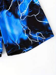 2pcs Young Boy Blue Lightning Print Short Sleeve T-Shirt And Shorts Set - Comfy And Stretchable Outfit For Children