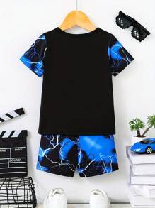 2pcs Young Boy Blue Lightning Print Short Sleeve T-Shirt And Shorts Set - Comfy And Stretchable Outfit For Children