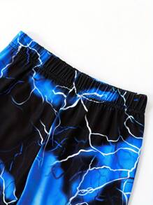 2pcs Young Boy Blue Lightning Print Short Sleeve T-Shirt And Shorts Set - Comfy And Stretchable Outfit For Children
