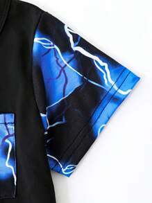 2pcs Young Boy Blue Lightning Print Short Sleeve T-Shirt And Shorts Set - Comfy And Stretchable Outfit For Children