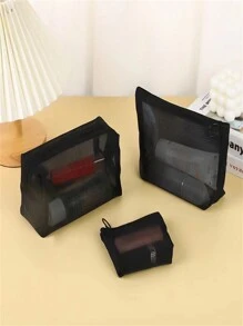 Nylon Mesh Makeup Bag Toiletry Pouch Large Capacity Organizer Cosmetic Bag - Black - View 19