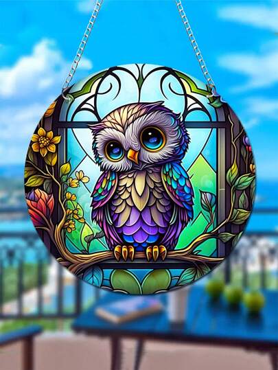 1Pc 5.9in Owl Round Acrylic Suncatcher Window Wall Hanging Decoration For Living Room Home Outdoor Garden Yard Party Decor, Gift For Birthdays Anniversaries Holiday Festival(With Chain)