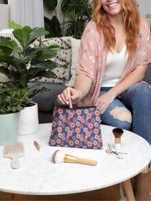 1入組雛菊花卉化妝袋，便攜式休閒壓花旅行袋，大容量收納化妝品和護膚品，女性簡約便攜筆袋化妝袋收納化妝品組織器化妝盒 - 彩色 - 查看 7