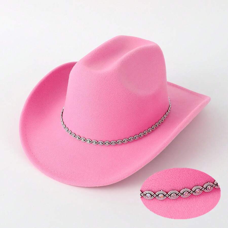 1pc Women's Coral Pink Western Cowboy Hat With Colorful Diamonds And Wavy Glitter Decoration, Suitable For Outdoor Activities, Party, Festival, Riding, Etc. - Coral Pink - View 1