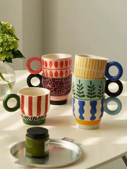 CMYD Studio 1pc 300ml Original Hand-Painted Ceramic Mug, Creative Household/Office Coffee Cup, Beautiful Tea Cup, Couple Water Cup Back To School