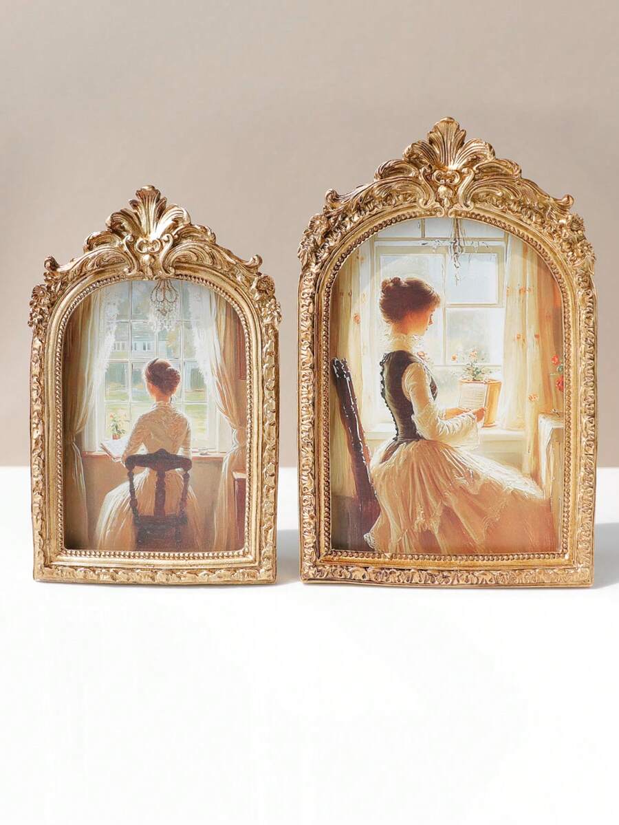 1 pieza Marco de fotos tallado en resina dorado rústico, decoración del hogar de estilo vintage, marco de fotos antiguo de boda, elegante exhibición de pared y mesa, regalo perfecto para la familia - Dorado - Ver 1