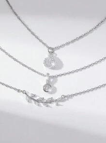 Hihho 3 件套时尚休闲水滴和树枝设计锆石镶嵌女士项链套装适合派对和送礼 - 銀色 - 查看 5